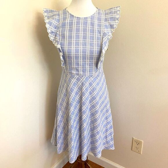Draper James Linen Blend Embroidered Eyelet Blue Pinafore Ruffle Dress Size 2 - Picture 1 of 5